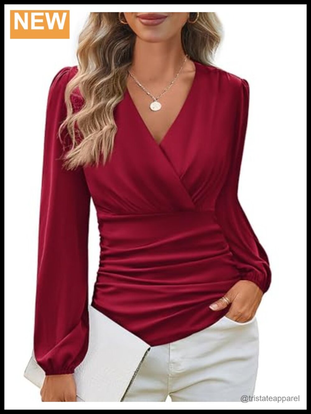 Womens Long Sleeve Wrap V-Neck Ruched Blouse Dressy Casual Top